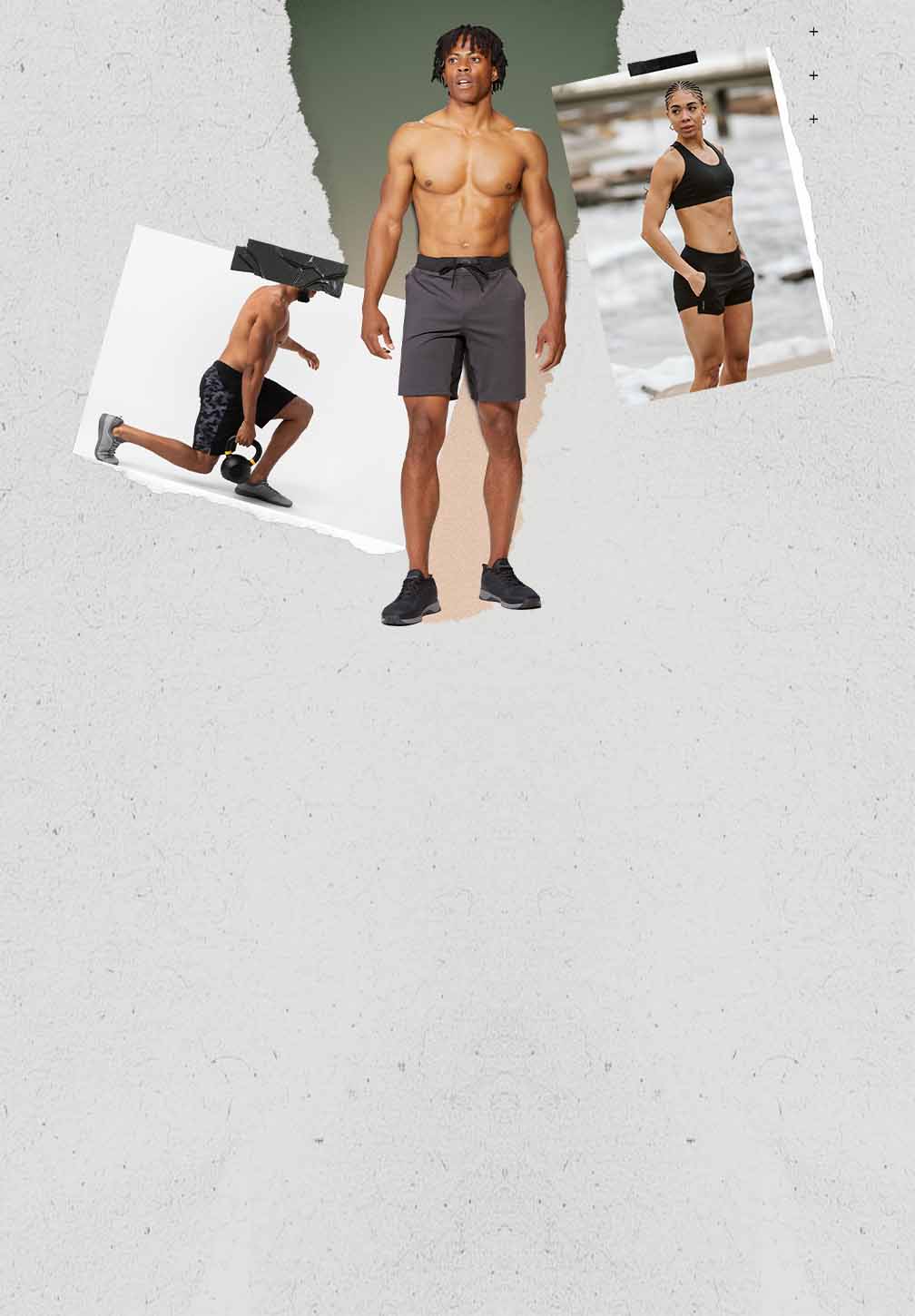 Collage for Hylete athletic apparel featuring three models in fitness clothing. In the center, a shirtless African American man stands in dark gray athletic shorts. To the left, another African American man in an action shot is performing a lunge with a kettlebell, wearing patterned black athletic shorts. To the right, an African American woman stands outdoors in black athletic shorts and a black sports bra.